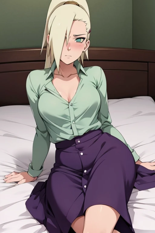 Ino Yamanaka from the Naruto anime wearing a button-down dress-style shirt with a low neckline. She is lying on a white bed (blushing). water green eyes.