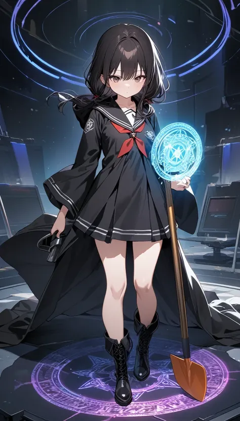 High resolution, 8k, best quality, masterpiece, ultra detailed, anatomically correct, masterpice anime, hentai, 1girl, black Hair, low tiwntails, dark brown eye, (black hooded robe:1.2), medium length black uniform dress with black sailor collar, white lin...