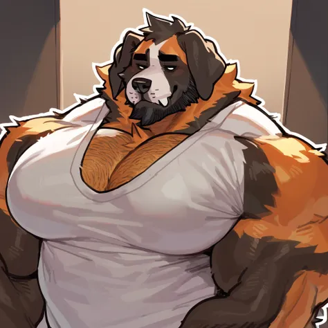 black bara saint bernard, (((solo))), black fur, very large pecs, strong physique, very muscular, perfect anatomy, masterpiece, ...