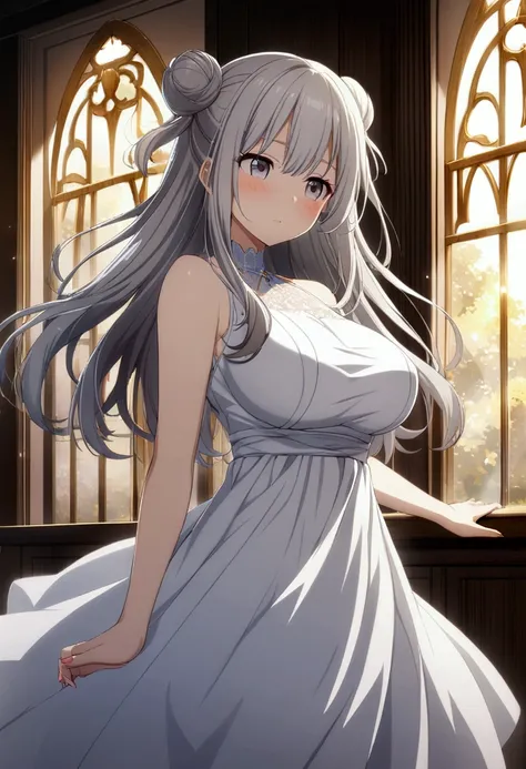 1 girl, grey hair, long hair, 2 side buns, grey eyes, white dress, big breasts, CG