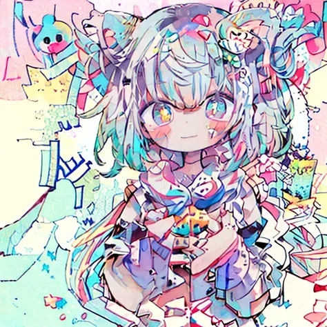 Super detailed, (Best Qualityのイラスト)、(Pastel colors:1.5)、(cute illustration:1.5)、(Watercolor:1.2)、(One Girl:1.0)、hair between eye、Esbian all over body、 cute, Super A high resolution、Confusing background、Cat ears girl, White Hair、Bob Hair, Black hoodie,mini ...