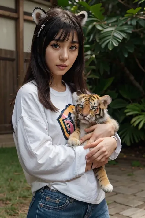 hinata hyuga lilac eyed holding a small tiger cub in their hand, tiktok video, ruan cute vtuber, trending on tiktok, tiktok 4 k uhd image, tiktok, talking animals, very cute features, cute features, cute animal, 8 k ultra realistic animal, live footage, ip...