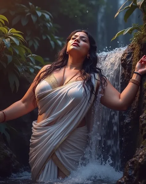 young thick indrani haldar with mature saggy breasts, a thin wet white saree wrapped around her body, bathing in a beautiful waterfall in the rainforest at golden hour, cinematic soft focus,
