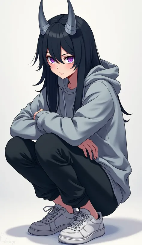 manga style,  gray-horned, Bblack hair, gray sweatshirt, purples eyes, black pants and white sneakers