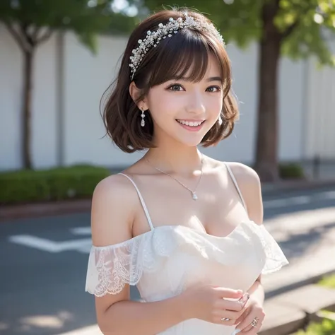  Beautiful white-skinned lolita girl, Short layered dark brown hair with bangs, brown eyes柔らかなオーラ. Wearing a white and ivory dress with a flowing skirt, Race details, And a happy smile. She is wearing a bridal veil, Pearl Earrings, And a ring. (Best Qualit...