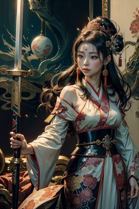 arafed woman in a kimono with a sword in front of a painting, japanese goddess, a beautiful fantasy empress, chinese empress, japanese fantasy, masayoshi suto and artgerm, inspired by Wang Meng, chinese artist, inspired by Jin Nong, beautiful!!!! museum ph...