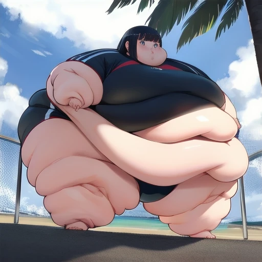 Highest quality,High resolution,Extremely obese women,Very fat lump, Black Hair,Swimwear,Very large, A flabby belly that hangs down to the knees, [Fat Belly,Very thick thighs,Big swollen ass,Very large arms,Too heavy to move