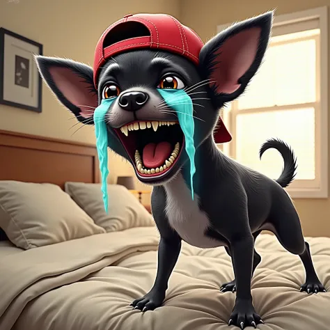 The image is a kilt of a small Chihuahua dog standing on a bed. The dog is wearing a red baseball cap and has blue tears streaming down his face. His mouth is wide open, showing his teeth and his tongue is sticking out. The background shows a bedroom with ...