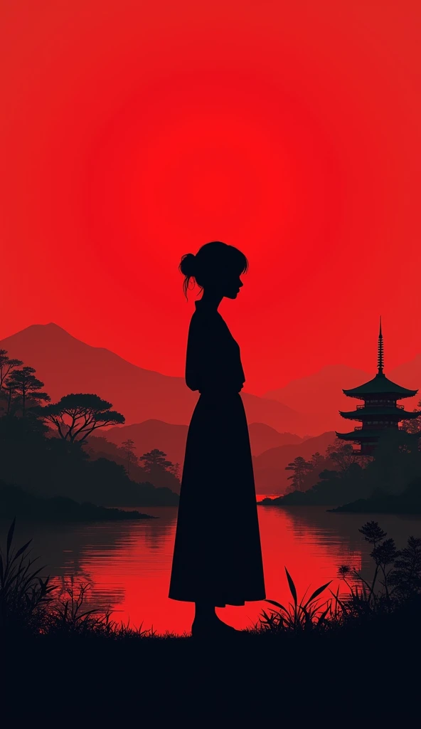 Silhouette of a person in profile with a Japanese landscape on a dark background with a gradient to blood red