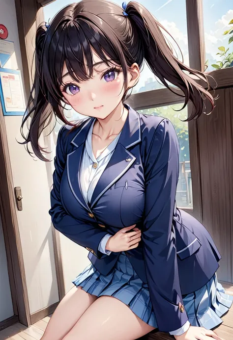 pretty girl、Large Breasts、G-Cup、school girl uniform、Twin tails、((blazer、The button on the blouse is about to come off.、mini skirt))、Black Hair、Blushed、shy、Small Ass School、超High resolution, Textured skin, High resolution, masterpieceAnatomically correct, E...