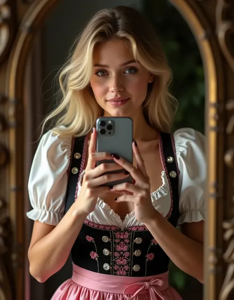 wearing a traditional German dirndl. The dirndl is black and pink with floral patterns and silver buttons. She is taking a selfie in a mirror.