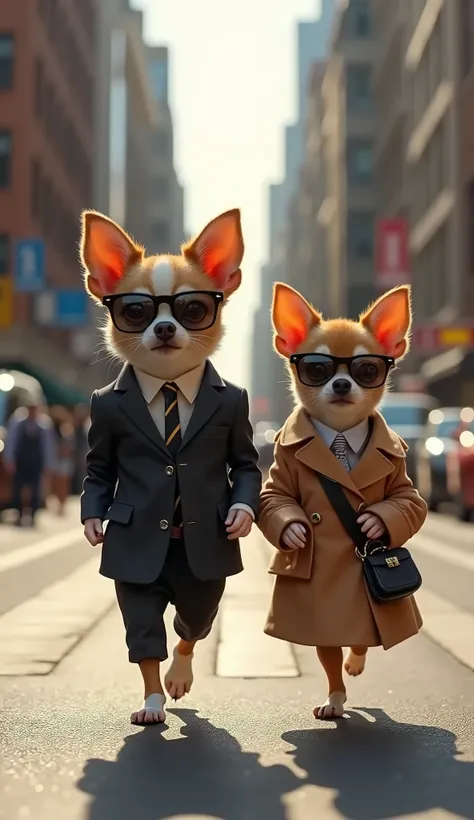 “A photorealistic city street scene in the afternoon featuring two real Chihuahuas, one male and one female, with consistent and lifelike fur textures and fluid, natural movements. The male Chihuahua is wearing a small, tailored suit with black sunglasses ...