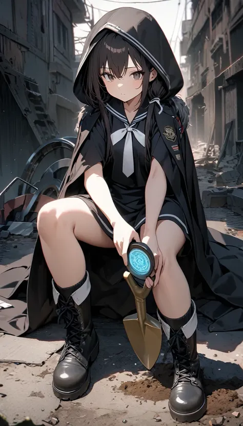 High resolution, 8k, best quality, masterpiece, ultra detailed, anatomically correct, masterpice anime, hentai, 1girl, black Hair, low tiwntails, dark brown eye, medium length black uniform dress with black sailor collar, white ribbon, white line, (black h...