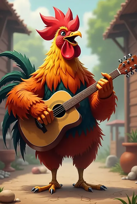 A rooster playing the guitar 