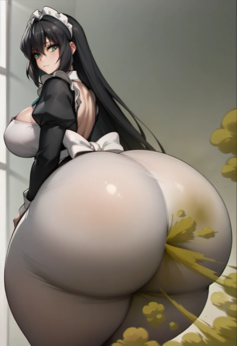 Highest quality, masterpiece, High Resolution, 1 girl, MayAss, hyper Ass, huge Ass, big ass, wide hip, ass focus, gigantic ass, gbd_may, 1girl, aqua eyes, long hair, black hair, very long hair, bangs, large breasts, green eyes, maid uniform, fart, farting,...