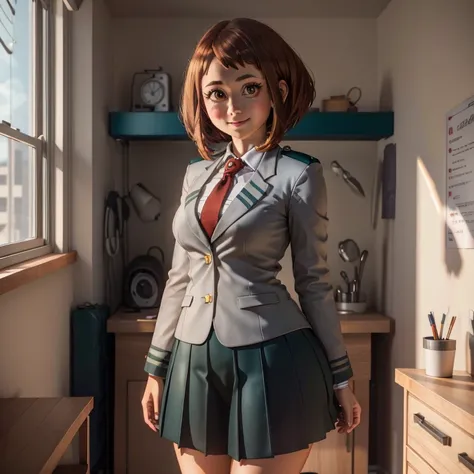 (hyperrealistic girl: 1.2), ((Ochako Uraraka, 20 years old)), (Boku no hero), full body, single body, facing forward, standing smiling, (inner thighs exposed), lovely pose, school uniform, (short straight hair), (uniform), big breasts:1.3, female dormitory...