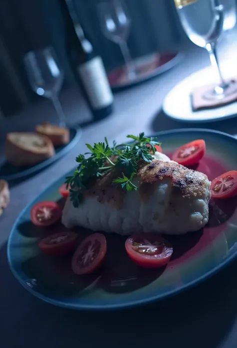  Décris moi un plat de blanc de poulet avec une tomate coupée en tranches fines sur une assiette rouge, sur une table avec des verres et du pain.