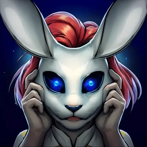 a close up of a cartoon bunny with a red hair and blue eyes, anthro portrait, anthropomorphic rabbit, bunnypunk, masterpiece anthro portrait, anthro art, white rabbit, a portrait of judy hopps, rabbit face only, the white rabbit, rabbit warrior, rabbit ear...