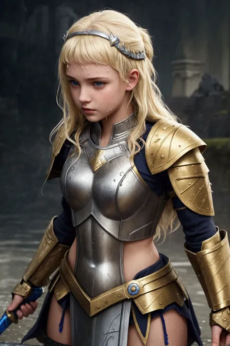 teen girl, wet, roman warrior, princess blade, teenager girl, small breasts, mini cropped, valkyrian princess ,blonde, detailed face, fighter position, background in uk raining
