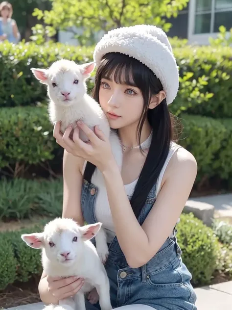 hinata hyuga holding a small lamb cub in their hand, tiktok video, talking animals, very cute features, cute features, cute anim...