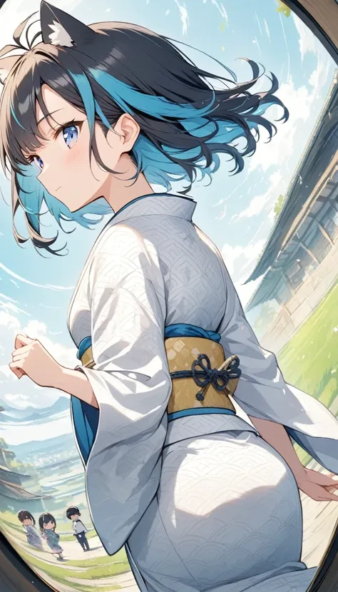 animated, three-dimensional, fisheye, Show from the hips to the shoulders, profile, focus on eyes, looking back, chibi, beautiful detailed girl, teenage girl, A man with has short black hair, azure hair, streaked hair, hair fluttering in the wind, antenna ...