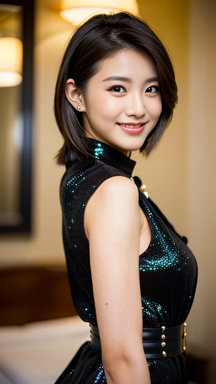 (Best-Quality, Masterpiece, Ultra-High-Resolution, (Photorealistic:1.4), Raw-Photo, Extremely-Details, Perfect-Anatomy, 1girl, 28-years-old, Japanese actress, in hotel suite, wearing tight collar shirt with buttons, pencil skirt, portrait, ((kind smile, lo...