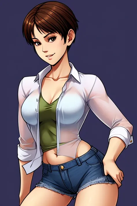 ((rebecca Chambers)), transparent shirt, open shirt button, breasts showing, short denim shorts, gentle smile , sexy, panties showing 