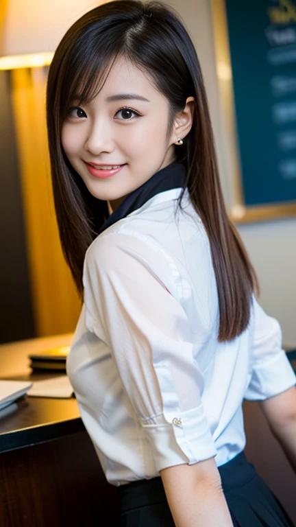 (Best-Quality, Masterpiece, Ultra-High-Resolution, (Photorealistic:1.4), Raw-Photo, Extremely-Details, Perfect-Anatomy,

1girl, 28-years-old, Japanese actress, in hotel suite, wearing tight collar shirt with buttons, pencil skirt, portrait, ((kind smile, l...