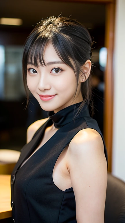 (Best-Quality, Masterpiece, Ultra-High-Resolution, (Photorealistic:1.4), Raw-Photo, Extremely-Details, Perfect-Anatomy,

1girl, 28-years-old, Japanese actress, in hotel suite, wearing tight collar shirt with buttons, pencil skirt, portrait, ((kind smile, l...