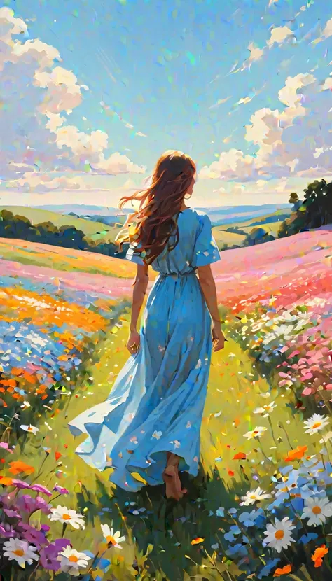 A serene outdoor scene featuring a woman in a flowing blue dress standing in the middle of a vast, vibrant flower field. The flowers are a mix of colors—pinks, oranges, whites, and blues, with daisies and other wildflowers scattered throughout. The woman i...