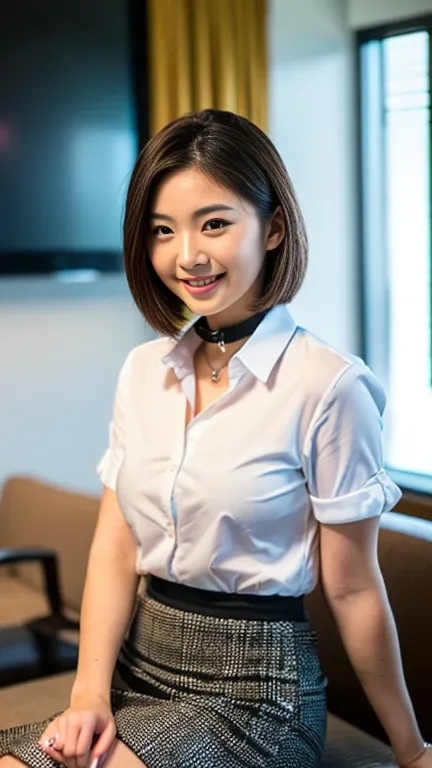 (Best-Quality, Masterpiece, Ultra-High-Resolution, (Photorealistic:1.4), Raw-Photo, Extremely-Details, Perfect-Anatomy,

1girl, 25-years-old, Japanese actress, in hotel suite, wearing tight collar shirt with buttons, pencil skirt, portrait, ((kind smile, l...