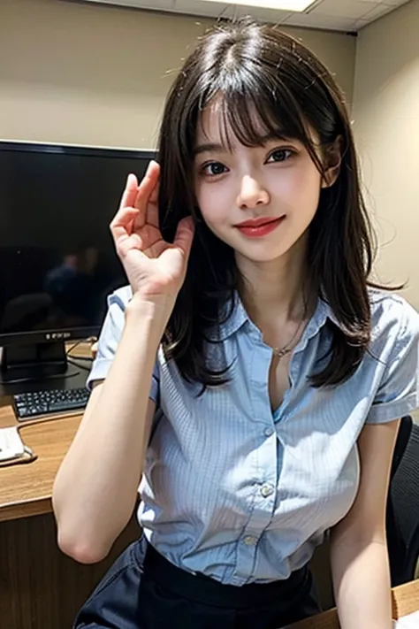 Tabletop, masterpiece, top quality, high resolution, HDR, 8k, very beautiful Japanese girl in casual office shirt, black hair, bangs, ((big breasts)), concentrated face, smile, happy, random pose, perfect