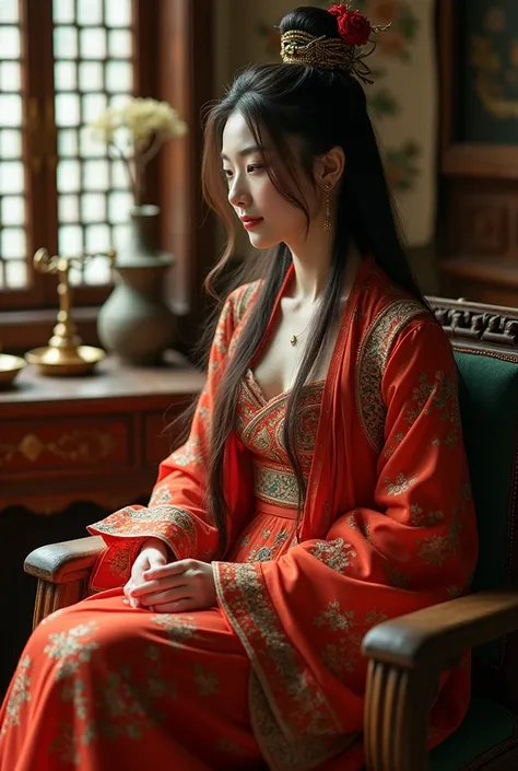 antique art,Traditional wooden room,Living room,A Chinese goddess,long hair shawl,Sitting in a chair,Holding Erlangs legs,High resolution, masterpiece, textured skin, Seven-part shot, 