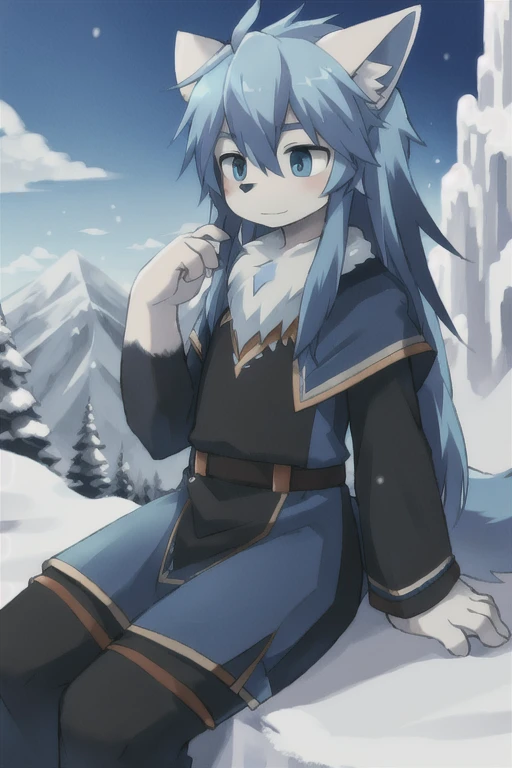 Wolf ears boy　Blue long hair　Snow Mountain　Snowstorm　On the Cliff　