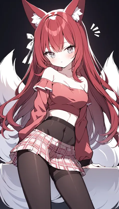 1 Girl, Medium Breasts, Dark Red Hair, Light Grey Highlights In Hair, Long Hair Style, Silver Ribbon In Hair, Long Hair, Silver Eyes, Pale Skin, Smooth Skin, Soft Features, Nice Lips, Cute Face, Fox Girl, Fox Tail, Fox Ears, Black and Red Clothes, off-shou...