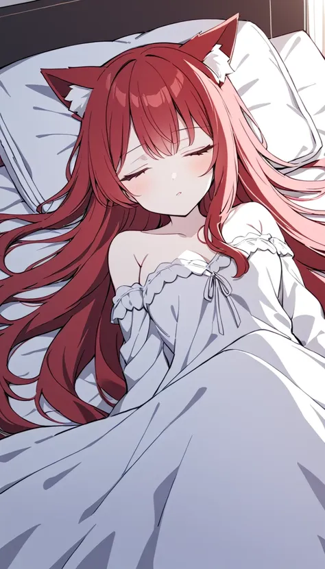 1 Girl, Medium Breasts, Dark Red Hair, Light Grey Highlights In Hair, Long Hair Style, Silver Ribbon In Hair, Long Hair, Silver Eyes, Pale Skin, Smooth Skin, Soft Features, Nice Lips, Cute Face, Fox Girl, Fox Tail, Fox Ears, Black and Red Clothes, Sleeping...