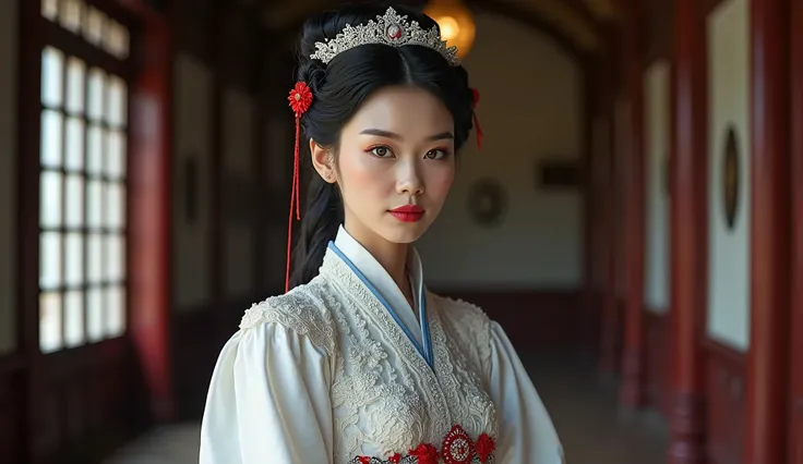 South Korea as an asiatic waitress principally in white, with a blue and carmine red ying yang somewere and black taeguks. intricated brocado and lace costume. Victorian Gothic scene