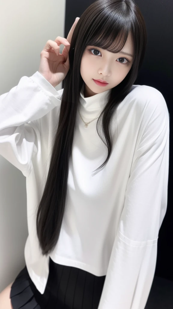 top-quality、8K、32K、​masterpiece、nffsw:1.2)、1girl in、One girl with long hair、Two beautiful Japan women、A dark-haired、Heavy bangs、long sleeved shirt、White high neck shirt &Black mini pleated skirt、White wall background、Focus on the face