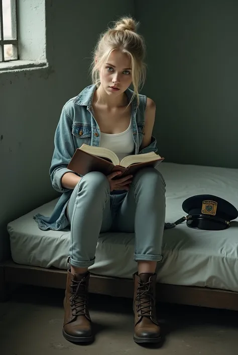 A 20-year-old woman sitting on a prison cell bed reading a book. she is blonde with blue eyes, They have a cute face., her hair is tied up, and she is thin. She wears a sleeveless shirt underneath a light denim jacket and also light denim pants with boots ...