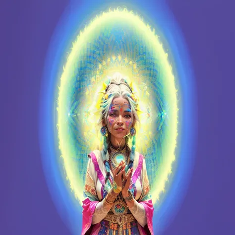 Arafed image of a woman with white hair and blue background., The oracle of the Mayan elders, the ayahuasca spirit, ayahuasca shaman, Portrait of a digital shaman, psychedelic organic shaman, patron saint of 🛸🌈👩🏾, psychedelic shaman, healthy visionary tech...