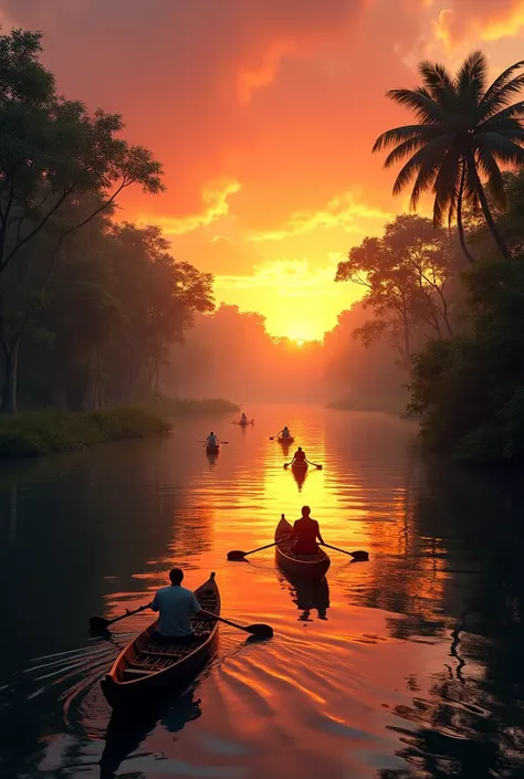 In the background the Amazon River with some canoes going towards the sunset