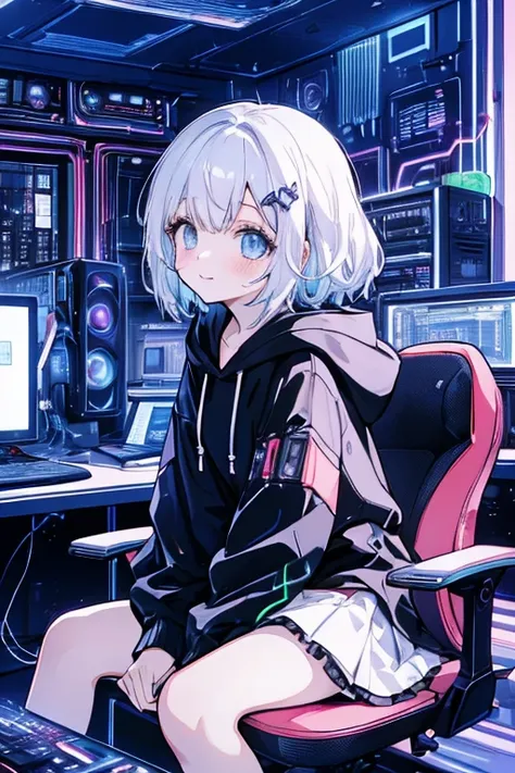 Best Quality, Highest quality, Very young girl, Alone, code, Hacker Style, View the computer, A slight blush,、Side view、Light pink,Light blue, cable, Vintage, Cyberpunk, Medium bust, Big Breasts, Sparkling amber eyes, Black eyes, Eye Reflexes, length upper...