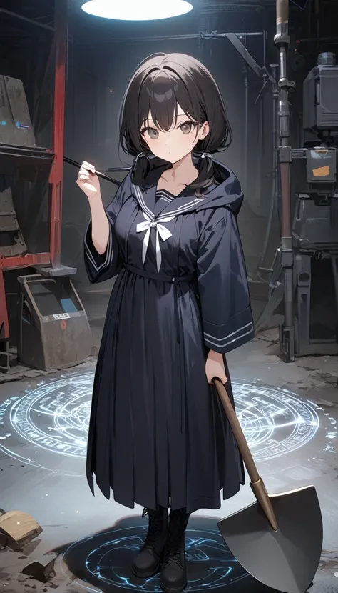 High resolution, 8k, best quality, masterpiece, ultra detailed, anatomically correct, masterpice anime, hentai, 1girl, standing, black Hair, low tiwntails, dark brown eye, black casual medium length dress  with black sailor collar with white ribbon, white ...