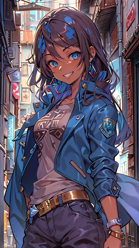 Best Quality, Textured skin, Glossy lips,Brown Hair ,Blue jacket,Shiny Hair, A cloth bandana wrapped around the head, blue eyes, Grin, Character portrait, Mole on the corner of the mouth, Anime Style, Bullet Earrings,Outlaw Woman,Dark Skin,Back alley of th...