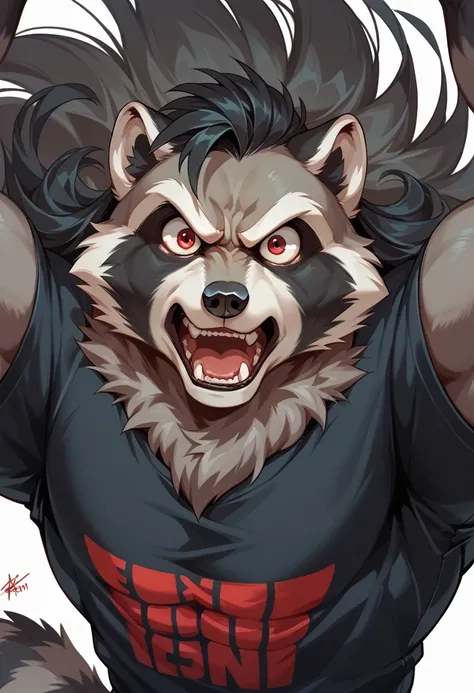 muscle raccoon, (((raccoon))), procyonid, furry, (thick, muscular, hypertrophy), ((gray fur)), (big eyes, red eyes), male, long snout, wide snout, black nose, (((focus on face))), (long hair, black hair), ((very thick fur)), ((muscular neck)), ((freaking a...