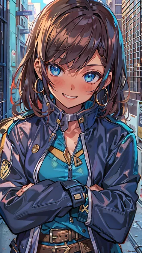 Best Quality, Textured skin, Glossy lips,Brown Hair ,Blue jacket,Shiny Hair, A cloth bandana wrapped around the head, blue eyes, Grin, Character portrait, Mole on the corner of the mouth, Anime Style, Bullet Earrings,Outlaw Woman,Dark Skin,Back alley of th...