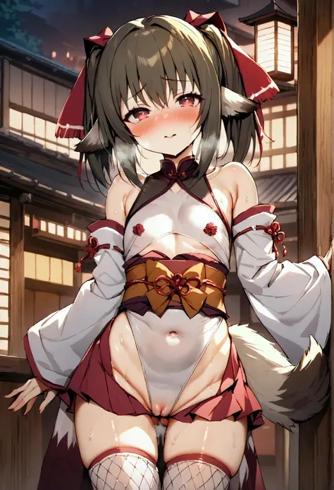 NSFW,masterpiece,Best Quality,High resolution,Very detailed,Nekone(Utawarerumono),Twin tails,Hair Ribbon,Red eyes,Animal ears,Tail,leotard,mesh,Chest cut-in,Shoulder Bare,Removable sleeves,mini skirt,Knee-high socks,Groin,blush,Lustful face,Wisdom face,In ...