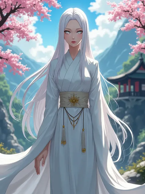 1girl, otsutsuki kaguya in anime naruto shippuden, long hair, white hair, white eyes, byakugan eyes, beautifull, white clothes, Pale skin, red lips, beautiful breasts, ((masterpiece)), Top-quality of the best, digital art, CG, professional, color fix, Stan...