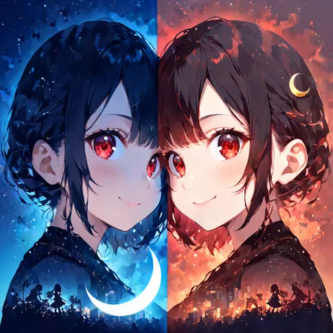 Double exposure girl. The girls face is in the center, daytime on the left, night on the right. The left face has a cute smile, and the right face has a silhouette with crescent-shaped eyes, a mouth, and red eyes.

