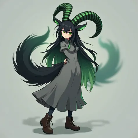 humanoid anime goat girl, her fur is black with green highlights, she has a long, fluffy tail.

her eyes are green and glowing, shes posing cutely

she wears leather boots and a gray dress

very high quality, High Resolution, Masterpiece, Kemonomimi Mode, 